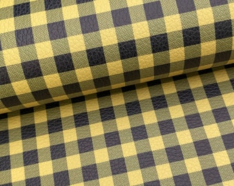 Yellow buffalo plaid print litchi textured faux leather sheet, synthetic vinyl fabric, hair bow material, DIY earring, 1/2 or full sheet