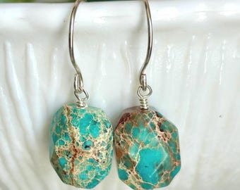 Dainty blue sea sediment jasper gemstone earrings, stone dangle earrings, minimalist jewelry for everyday wear, handmade gift for girlfriend