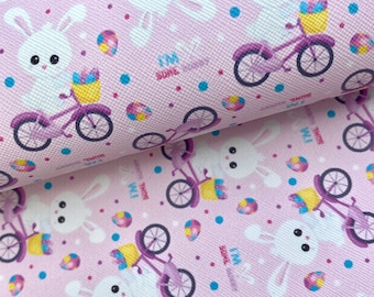 Easter Bunny Bike Print Faux Leather Sheet: Light Pink, DIY Crafts Bows Earrings & Keychains