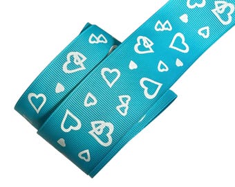 Turquoise hearts printed 1.5” grosgrain ribbon by the yard diy hair bows
