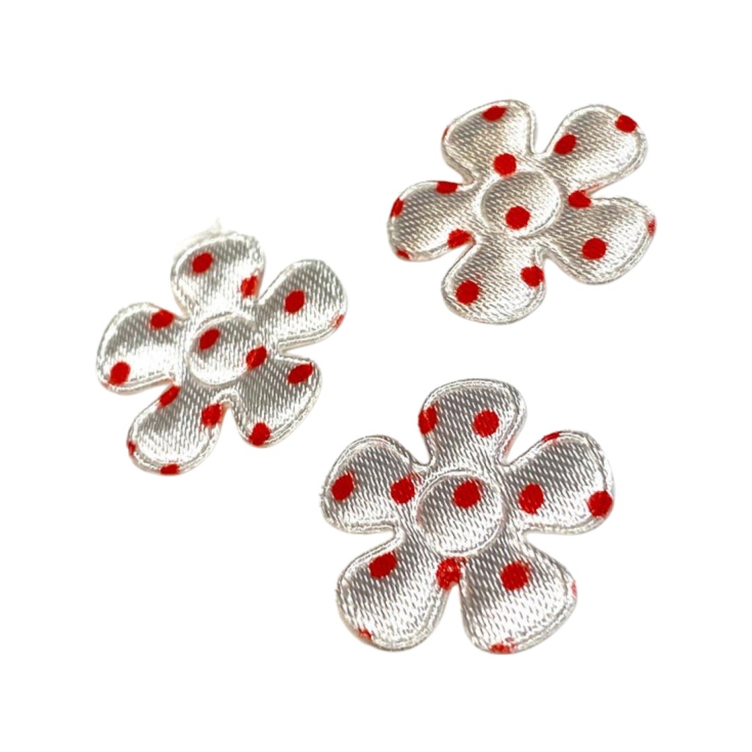CLEARANCE White & Red Polka Dot Flower 22mm Satin Padded Appliqués, DIY ...