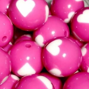 20mm hot pink heart print chunky bubblegum beads, large print beads baby necklace, acrylic colorful round gum ball beads bulk