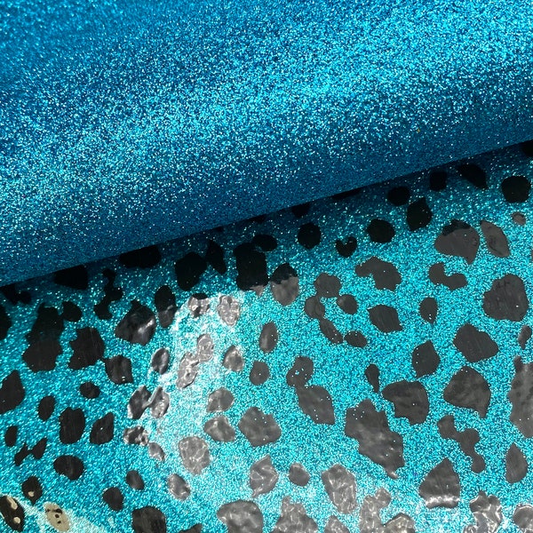 Turquoise blue leopard DOUBLE sided glitter print faux leather sheets, synthetic canvas vinyl fabric, diy hair bows and earrings
