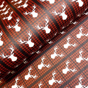 Black & red plaid deer printed faux leather sheets, pattern vinyl fabric, diy hair bow and earrings, craft supplies, 1/2 or full sheet