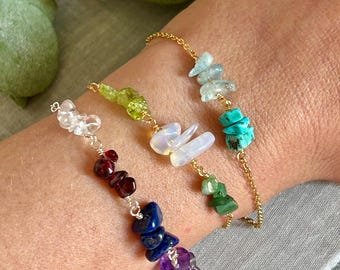Personalized birthstone raw chip gemstone bracelet, family jewelry for her, chain layering bracelet, custom husband & wife jewelry gift