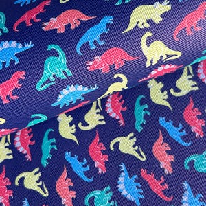 Blue rainbow dinosaur print faux leather sheet, pattern vinyl fabric, diy hair bow and earring, key chain FOB leather, imitation leather
