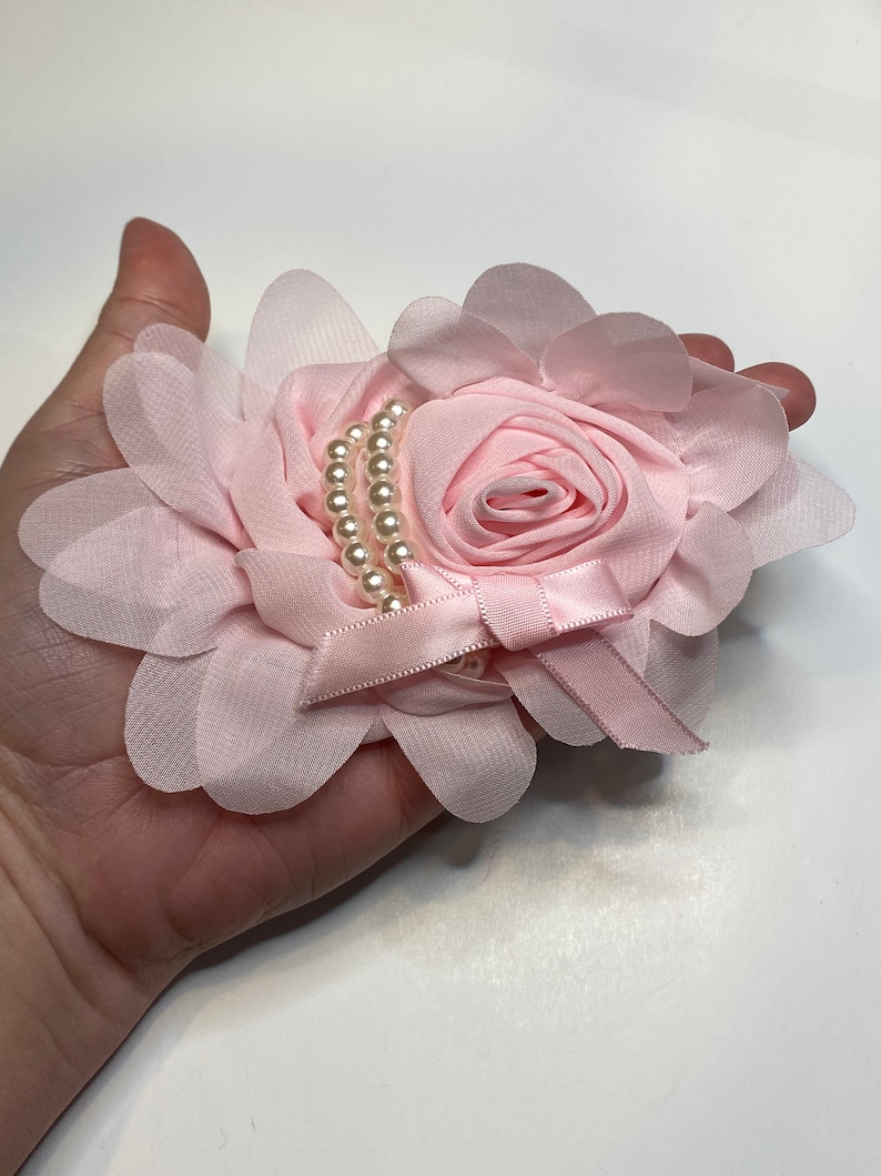 wedding decoration craft supplies Light pink 5.5\u201d oval chiffon rolled rose fabric flower pearls DIY baby headband and hair bows appliques