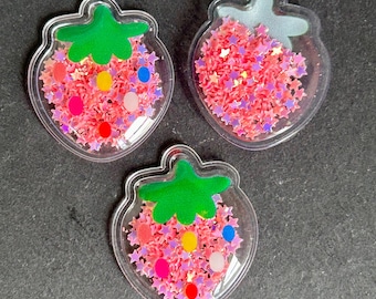 Pink strawberry fruit 30x34mm soft star glitter resin shaker, embellishments for DIY headbands, hair bow centers, flat back shaker pack