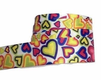 Rainbow hearts printed 1" grosgrain ribbon by the yard diy hair bows