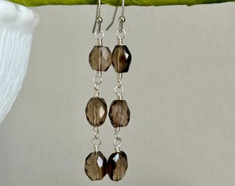 Smoky quartz dangle earrings, long gemstone drops, natural crystal jewelry, birthday gift for her, everyday earrings