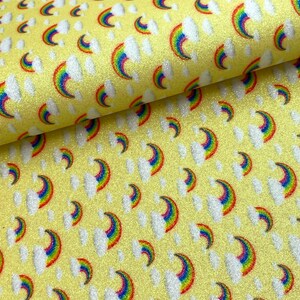 Light yellow rainbow fine glitter print canvas faux leather sheet, synthetic vinyl fabric, diy hair bows and earrings