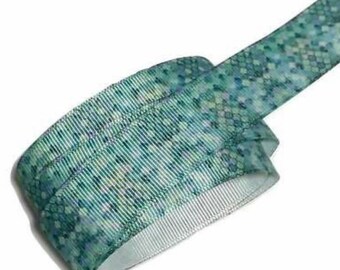 Teal mosaic tiles printed 7/8" grosgrain ribbon, pattern trim by the yard, diy hair bows & headbands, gift wrap ribbon, scrapbooking supply