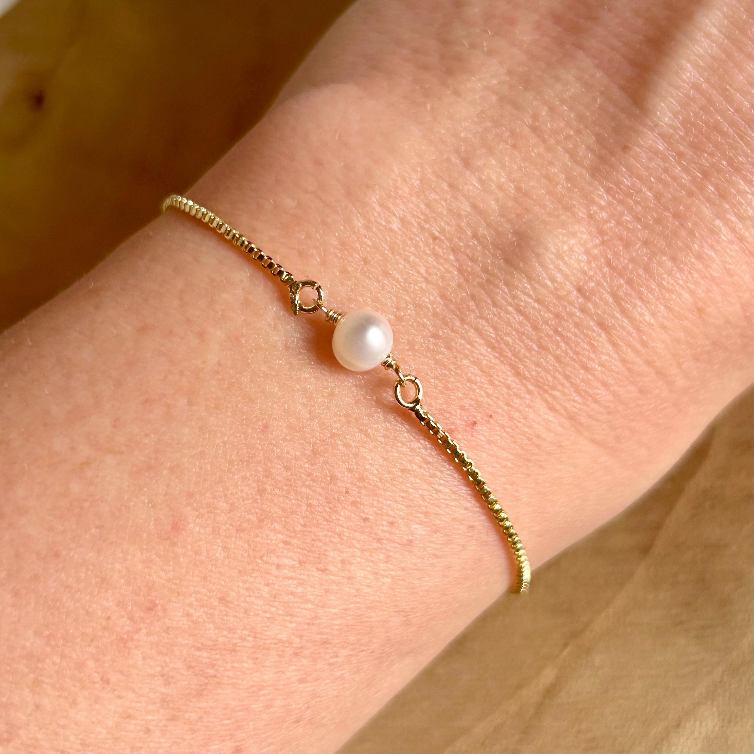Dainty pearl adjustable bracelet, box chain slider bracelet, gemstone stacking jewelry, layering bracelets for everyday wear, gift for wife