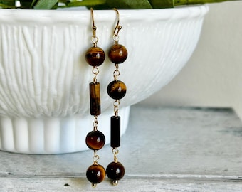 Long asymmetrical tigers eye earrings, unique gemstone dangles, mothers day gift for her, earth toned jewelry