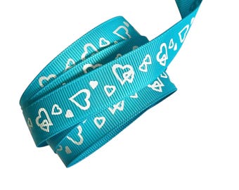 Turquoise hearts printed 5/8” grosgrain ribbon by the yard diy hair bows