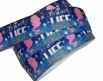 Mermaid life printed 7/8" grosgrain ribbon, trim by the yard, diy hair bows