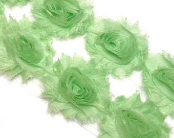Mint green 2.5" shabby chiffon rose trim, flowers by the yard, frayed fabric flowers, diy headbands & hair bows, rosettes appliques