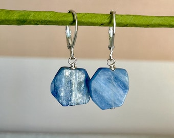 Raw blue kyanite gemstone lever back earrings, natural stone jewelry for women, birthday gift for her, everyday crystal dangle earrings