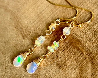 Ethiopian opal gemstone drop earrings, October birthstone jewelry gift, unique stone dangles, anniversary gift for wife