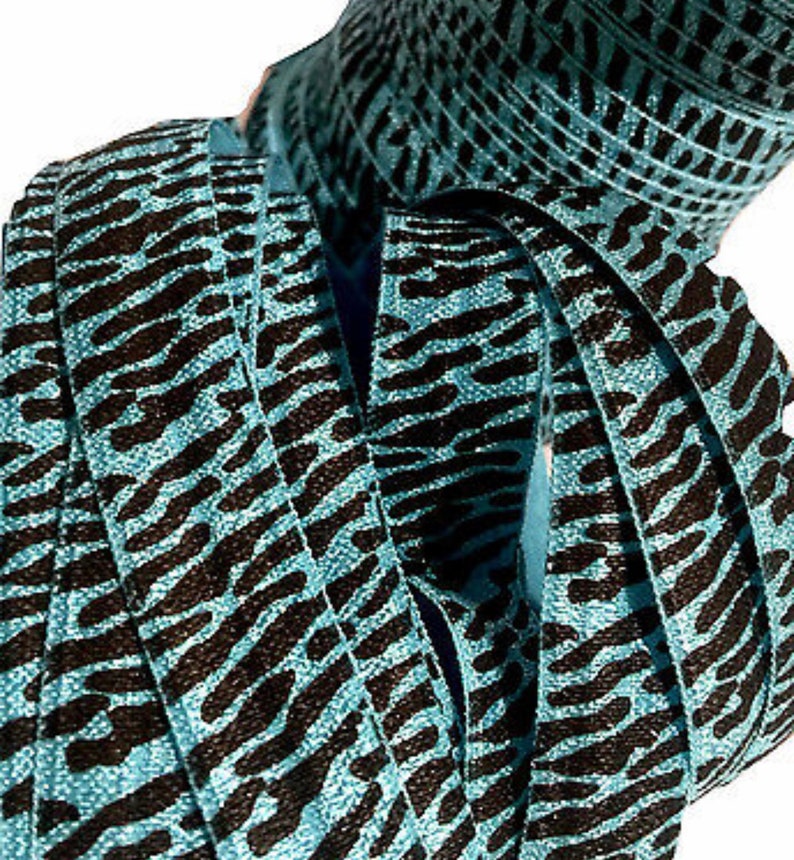 Blue zebra print 58 fold over elastic FOE diy headbands and hair ties 1-10 yards elastic by the yard