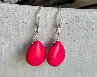 Hot pink howlite earrings, teardrop gemstone dangle drop earring natural fun stone jewelry everyday wear best friend gift for her birthday