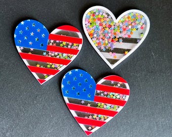 Sequin filled shaker 4th of July American flag heart 53x49mm resin flat back, embellishments DIY headbands, hair bow centers cabochon