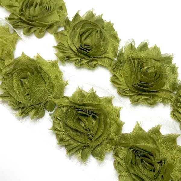 Olive green 2.5" shabby chiffon rose trim by the yard frayed fabric flowers diy headbands hair bows rosettes appliques