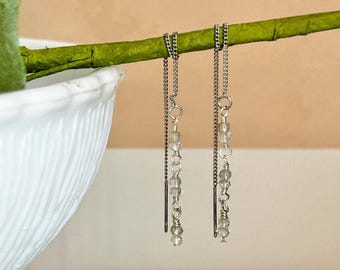 Pale green quartz threader chain drop earrings, custom stone jewelry, everyday gemstone dangle earrings