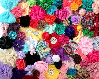 Flores y lazos de tela en bolsas sorpresa, de 5 a 50 piezas, estilos y colores surtidos para diademas y lazos para el cabello, ideales para decorar un baby shower.