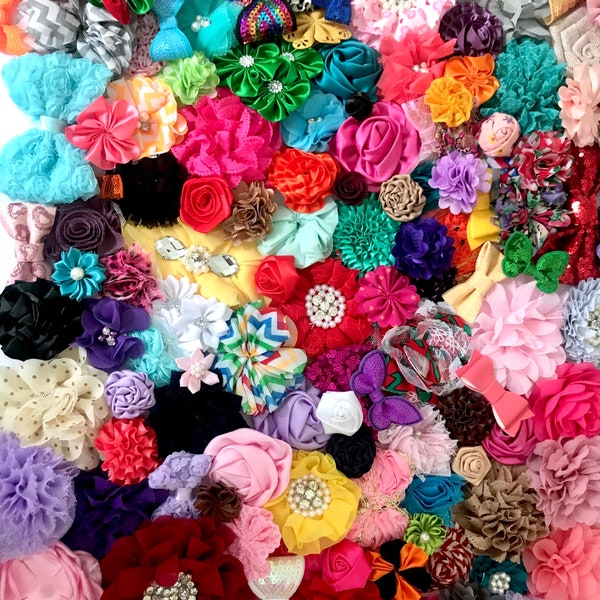 Grab bag fabric flowers & bows, 5-50 pieces,  assorted styles colors for diy headbands hair bows, baby shower station supplies