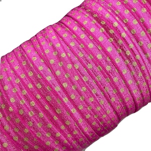 CLEARANCE Dark pink metallic gold polka dot print 5/8&quot; fold over elastic FOE, 1-10 yards, FOE by the yard, diy headbands and hair ties