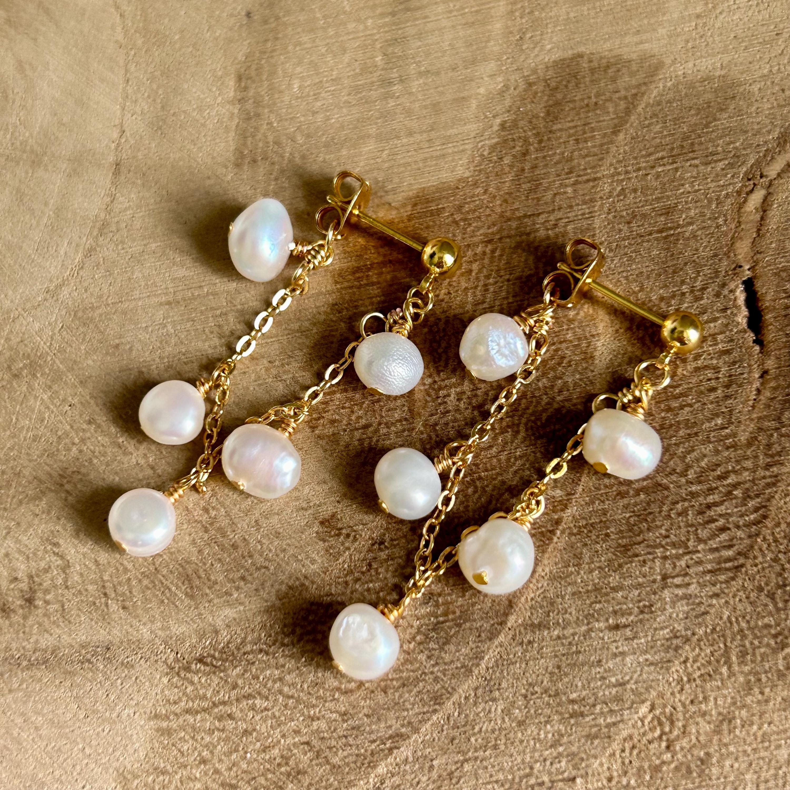 Freshwater pearl chain stud earrings, post earrings with ear jacket, real pearl jewelry, bridal party earrings, wedding day accessories