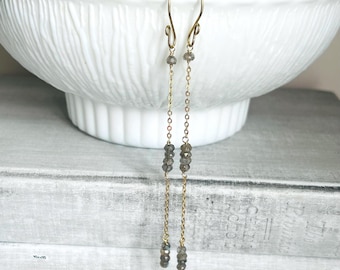 Labradorite gemstone long chain drop earrings, elegant beaded natural stone dangle earrings