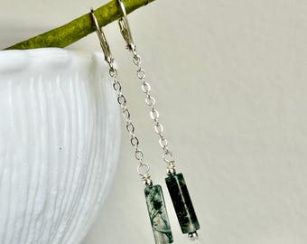 Moss agate chain drop lever back earrings, dainty gemstone jewelry, crystal stone dangles, jewelry gift for bridesmaids