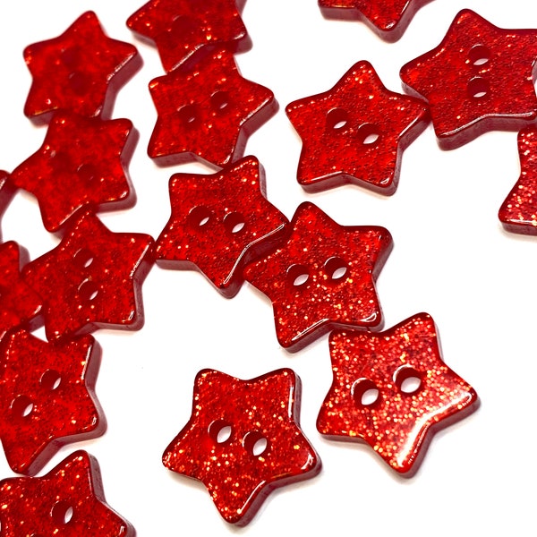 14mm 2 hole red glitter star acrylic sewing buttons, buttons for clothing crafting and scrapbooking, novelty buttons