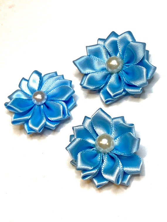 Light blue 1.5 satin petal fabric flower pearl center | Etsy