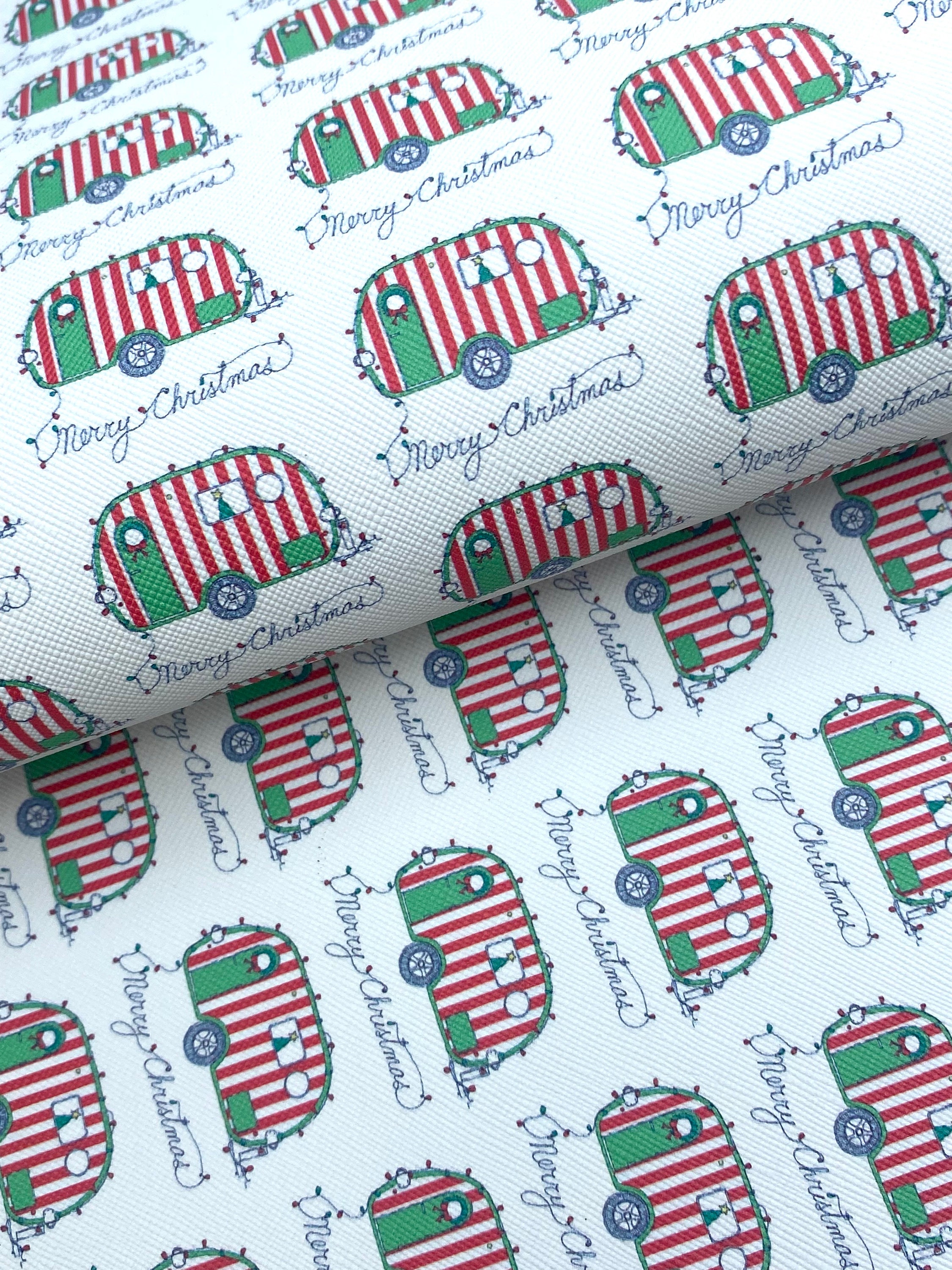 Merry Christmas RV camper print faux leather sheet, pattern vinyl fabric, synthetic leather, keychain fob leather, full sheet
