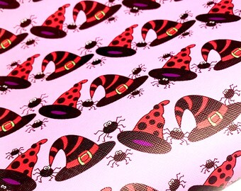 Halloween Faux Leather Sheet: Purple Witch Hat & Spiders Pattern