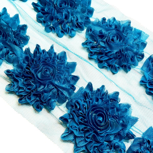 Peacock 3” glitter ruffle shabby chiffon rose trim, frayed fabric flowers, diy headbands and hair bows