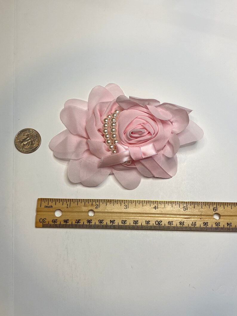 wedding decoration craft supplies Light pink 5.5\u201d oval chiffon rolled rose fabric flower pearls DIY baby headband and hair bows appliques