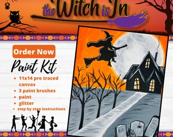 Diy Paint Kit/ The Witch Is In Paint Kit/ canvas Paint Kit/ Fall painting / At home paint party in a box/ Halloween Art/ Witch painting