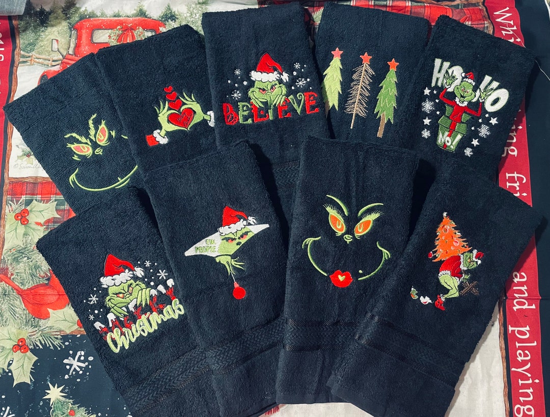 Grinch Christmas Hand Towel or Bath Towel, Embroidered Towels, Bathroom