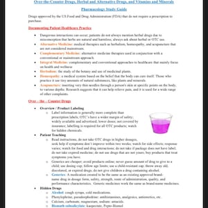 May include: A page from a study guide about over-the-counter drugs, herbal and alternative drugs, and vitamins and minerals. The page includes information about the different types of drugs, their uses, and how to use them safely. The page also includes a picture of a glass of pink liquid.