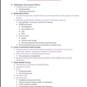 May include: A black and white text document outlining the principles of community health nursing. The document includes sections on Nightingale's Environment Theory, Health Belief Model, Goals of Community Health Nursing, Public Health Nursing, and Community-Oriented Nursing.