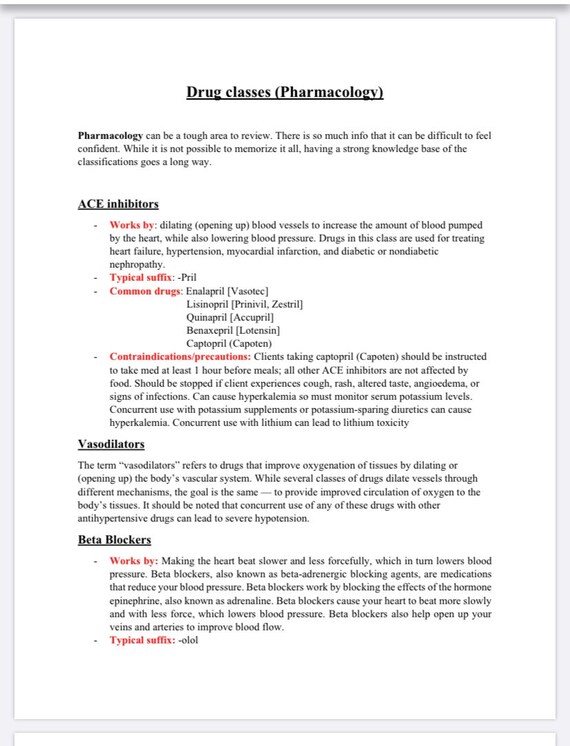 Drug Classes Study Guide (Pharmacology)