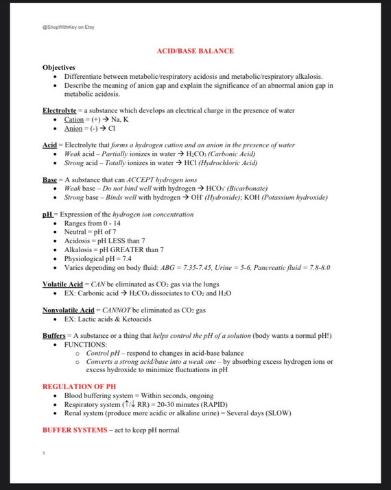 Acid base balance Study Guide