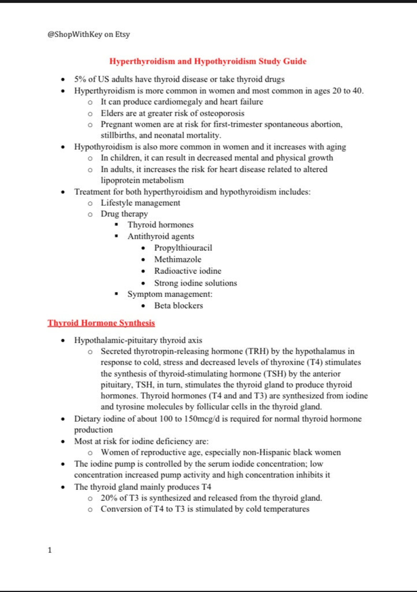 Hyperthyroidism Vs Hypothyroidism Study Guide - Etsy