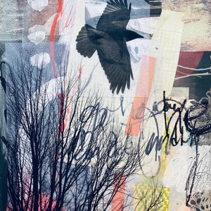 Mixed Media Monoprint of a Crow with Trees