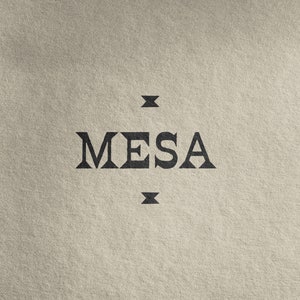 Op de afbeelding: Zwart-witte tekst op een beige achtergrond die "MESA" luidt met twee kleine zwarte "X" vormen boven en onder het woord.