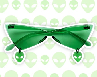 Pierced Acrylic Sunglasses with Alien Charms (Green/Green)